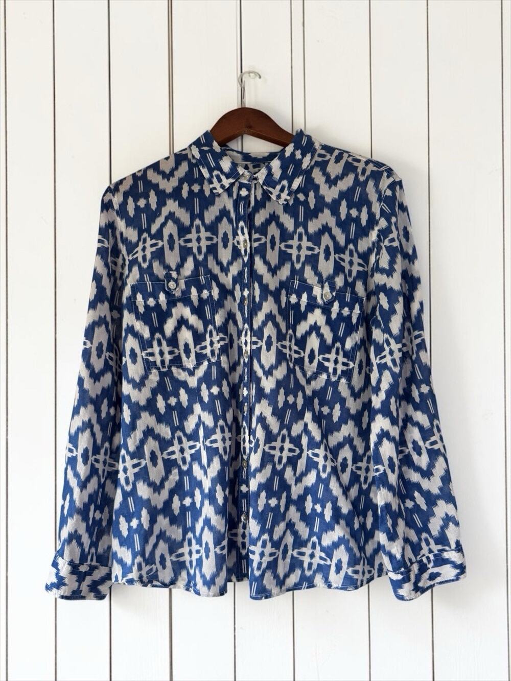 Chico's Women Geometric Cotton Button-Up Front Collared Pockets Size XL Casual